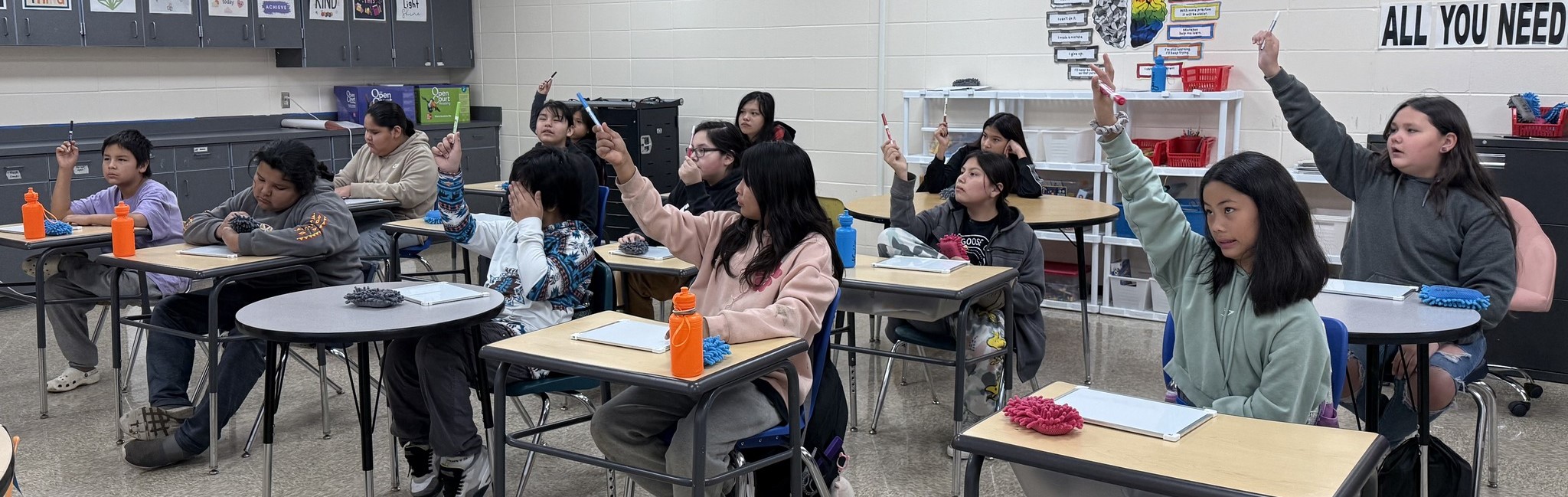 Students eagerly raise their hands in a classroom, ready to participate in the lesson being taught.