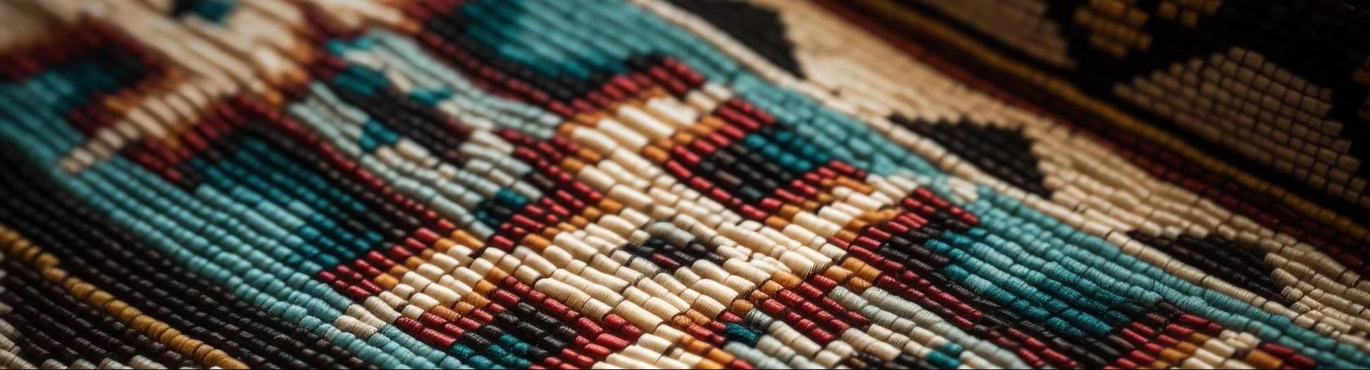 Close-up of a colorful Native American beadwork showcasing intricate patterns and textures.