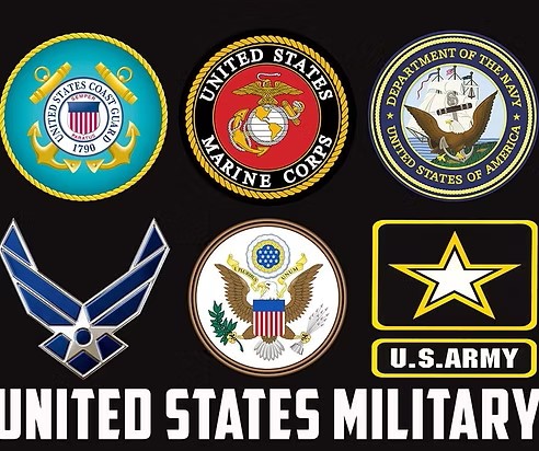 Emblems of the United States military, showcasing symbols for all branches: Army, Navy, Air Force, Marines, and Coast Guard.