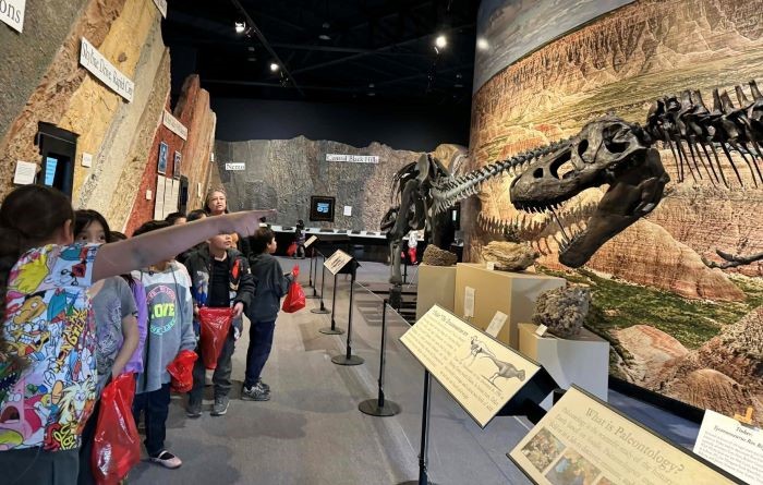 Students gather at Journey Museum, excitedly observing a dinosaur exhibit filled with impressive fossils and models.