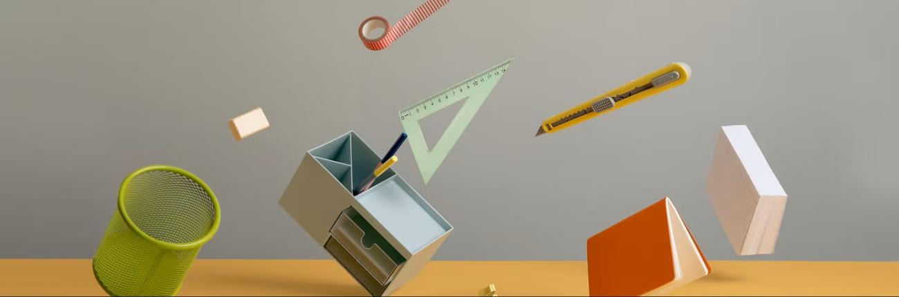 A vibrant desk cluttered with various colorful objects, including stationery, books, and decorative items.